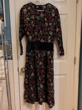Women's Long-Sleeve Floral Midi Dress with Black Waist Panel